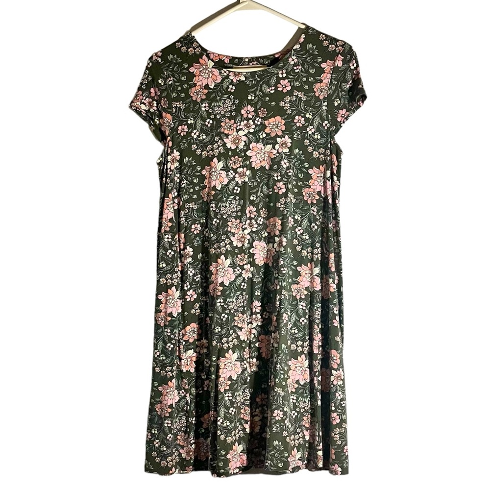 Loft Casual Shift Dress Olive Green & Pink Floral | Cap Sleeve | SZ Small